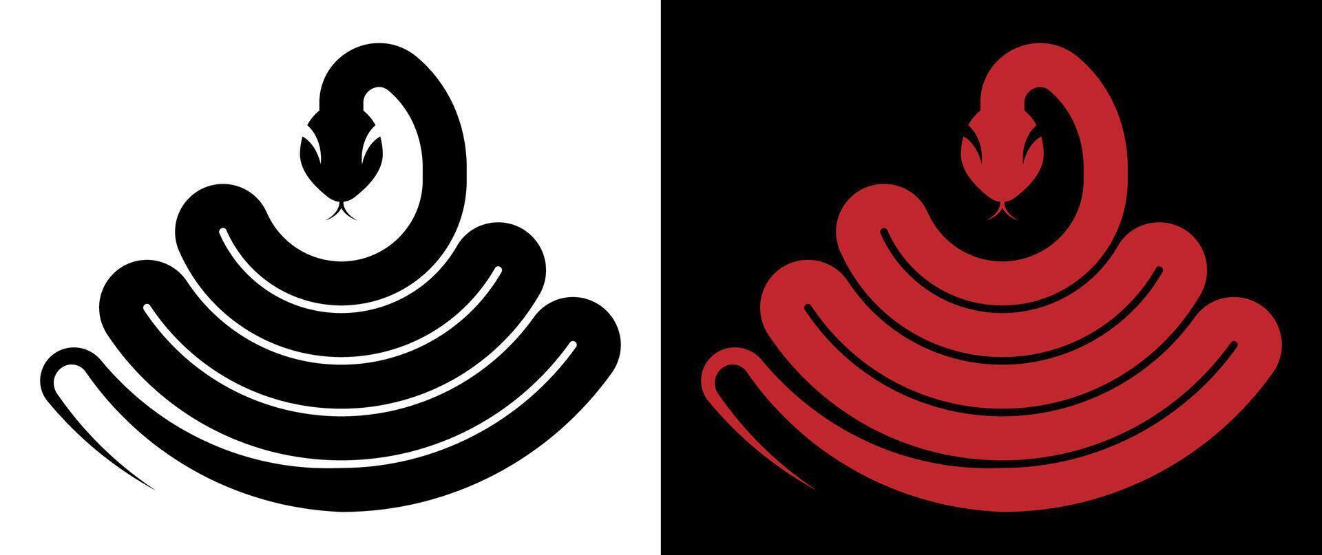 Viper silhouette emblem of coiled snake. Aggressive rattlesnake ready to pounce. Simple minimalistic isolated on white and black background vector