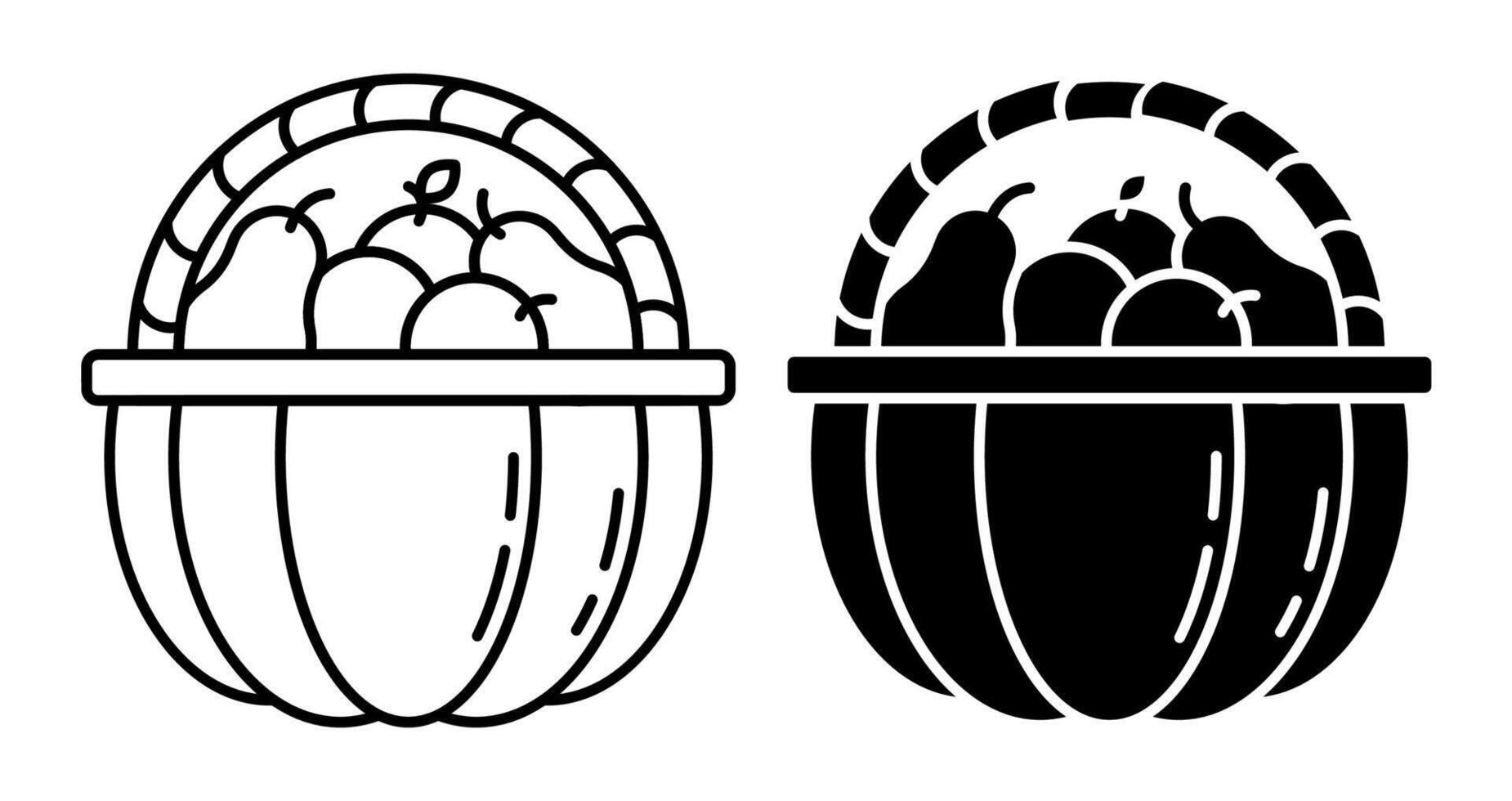 Linear icon. Basket in shape of half pumpkin with wicker handle filled with freshly picked fruits apples and pears. Simple black and white isolated on white background vector
