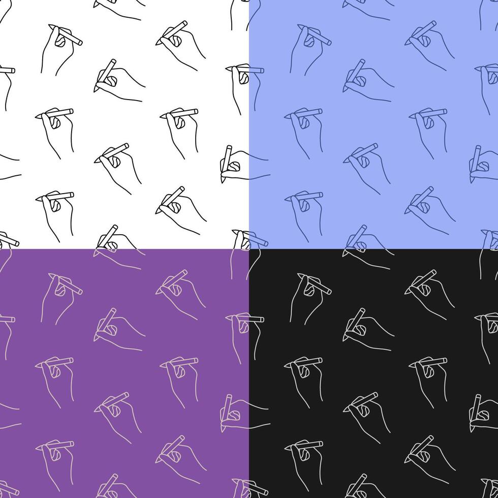 set of seamless patterns with Ballpoint pen in hand of author. Signature on paper from writer or artist. Ornament for decoration and printing on fabric. Design element. vector