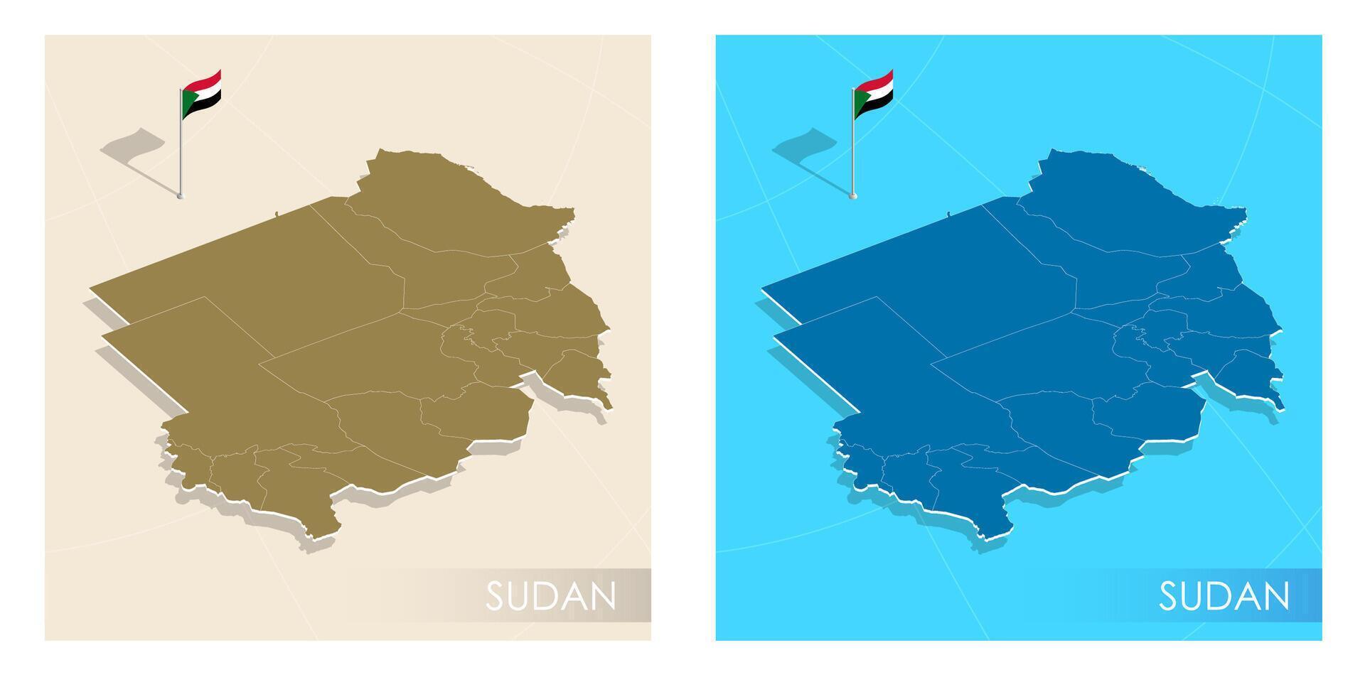 Sudan country flag installed on geographic positioning map point of country territory. Sudan commonwealth banner on land and sea. Festive patriotic HD format template for independence day vector