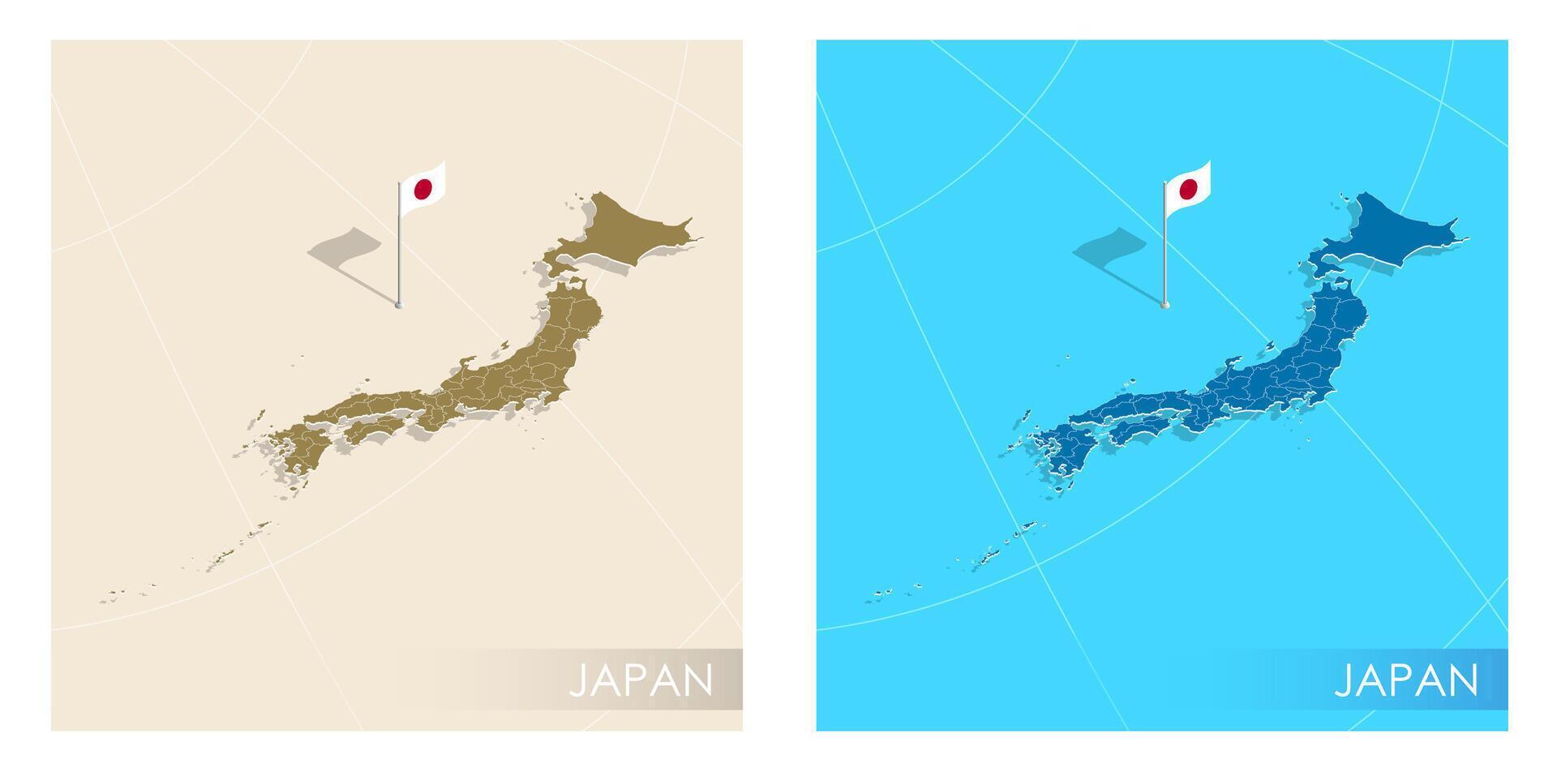 Japan country flag installed on geographic positioning map point of country territory. Japanese commonwealth banner on land and sea. Festive patriotic HD format template for independence day vector