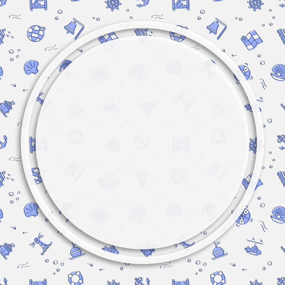 Circle frame, background on seamless pattern with doodle linear icons. Submarine, lifebuoy, buoy on waves, compass, map. Social media posting back vector