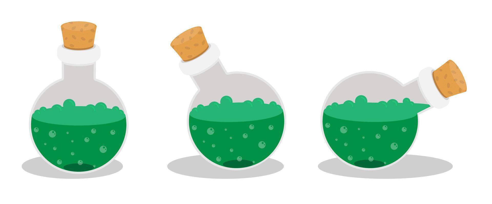 Chemical Glass bottle, test tube beaker with cork and green poisonous substance inside. Cartoon isolated on white background vector