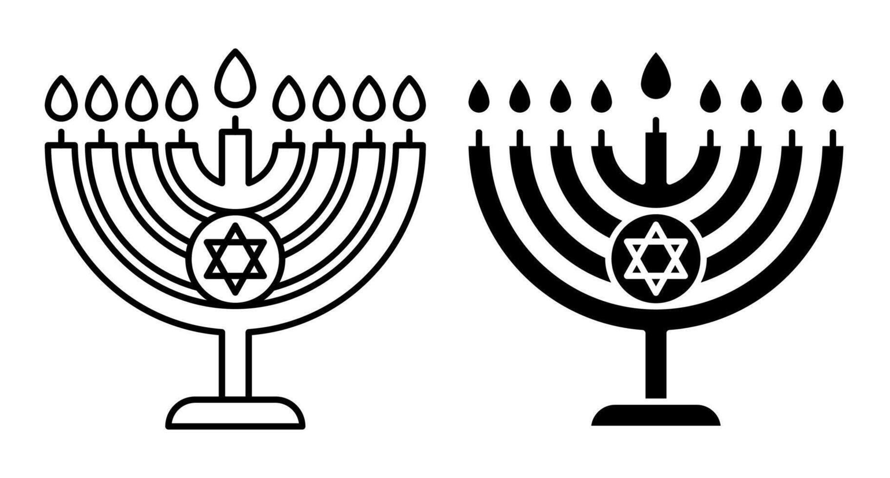 Linear icon. Hanukkah Jewish traditional Menorah candlestick with lit candles and six pointed Star of David. Simple black and white isolated on white background vector