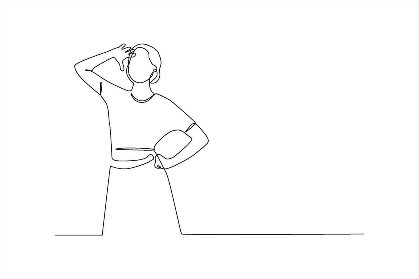 A minimalist line drawing of a person posing thoughtfully with a hand on their forehead. vector