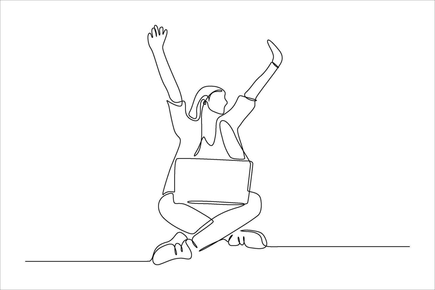 A person sitting with a laptop, arms raised in a joyful or celebratory pose. vector