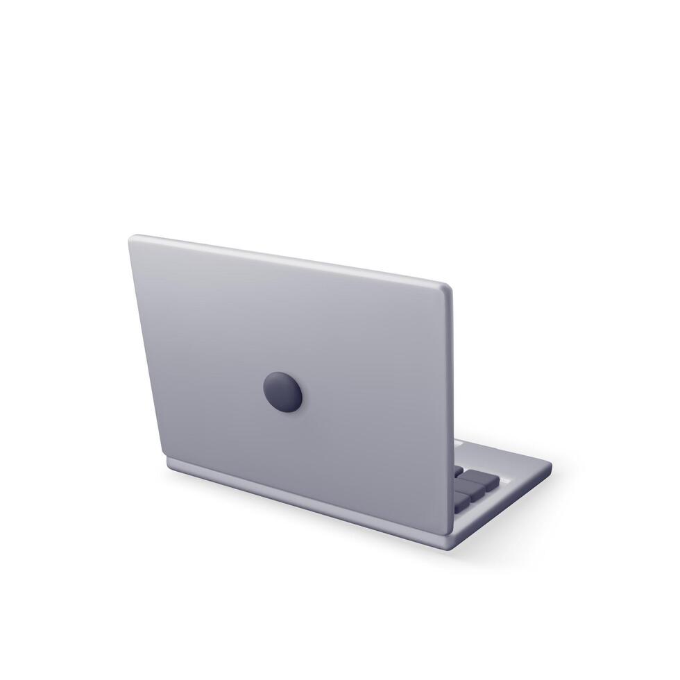 3D cartoon laptop computer back side isolated. Render notebook LCD display mock up with blank screen. Mobile computer device icon vector