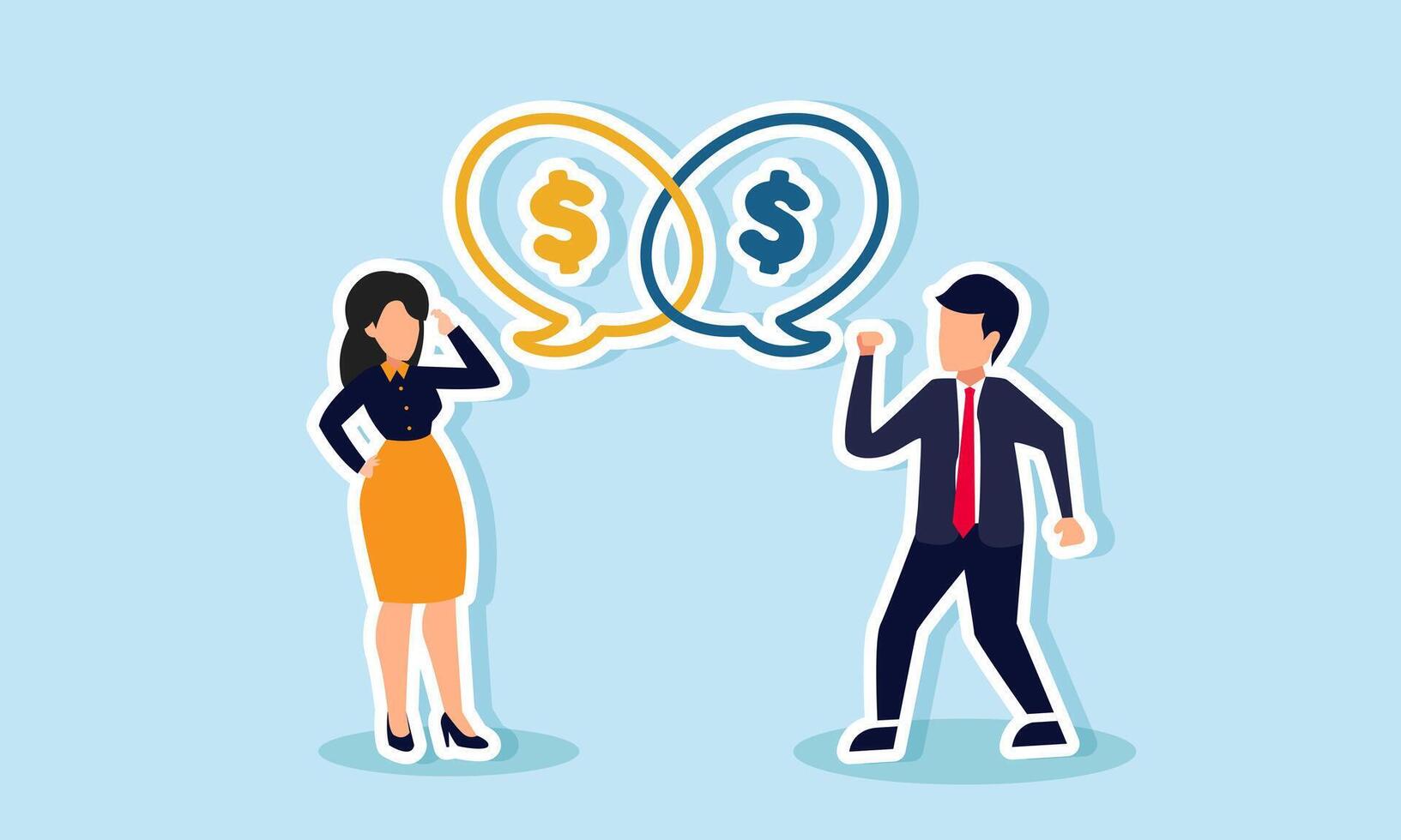 A businessman and businesswoman discussing while showing a chat dialog containing dollar signs, illustrating a sharing of business investment strategies to achieve good profits vector