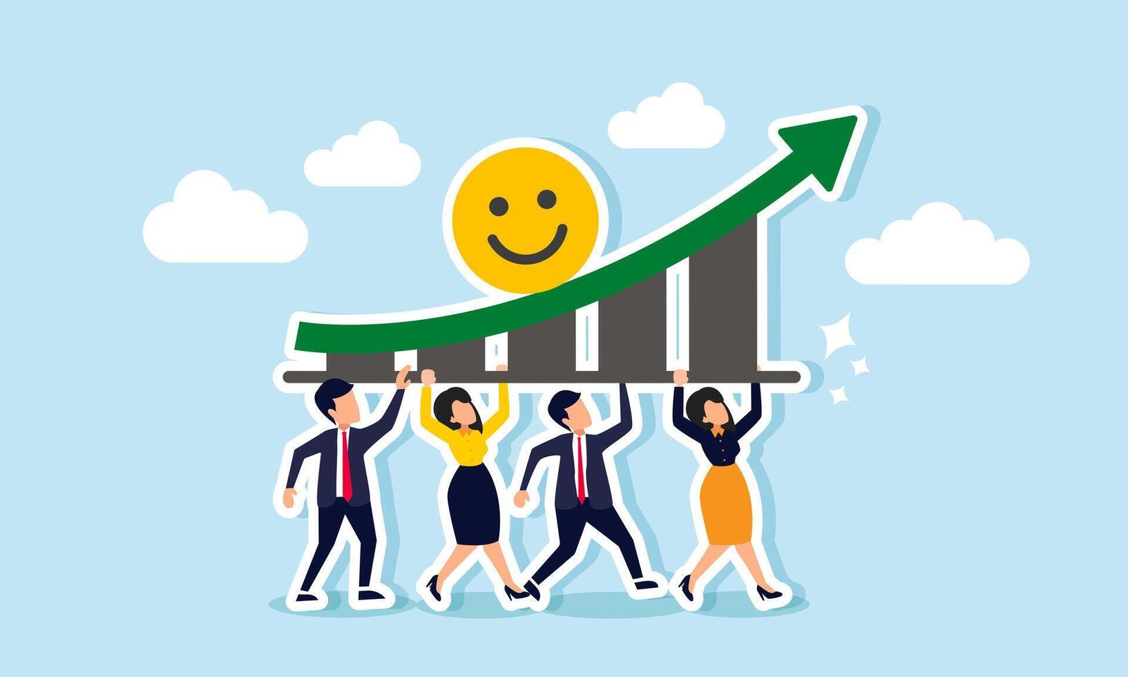 A business group or joint venture working together to lift an upward chart featuring a smiley emoticon, illustration of joint venture to boost business engagement with target market vector
