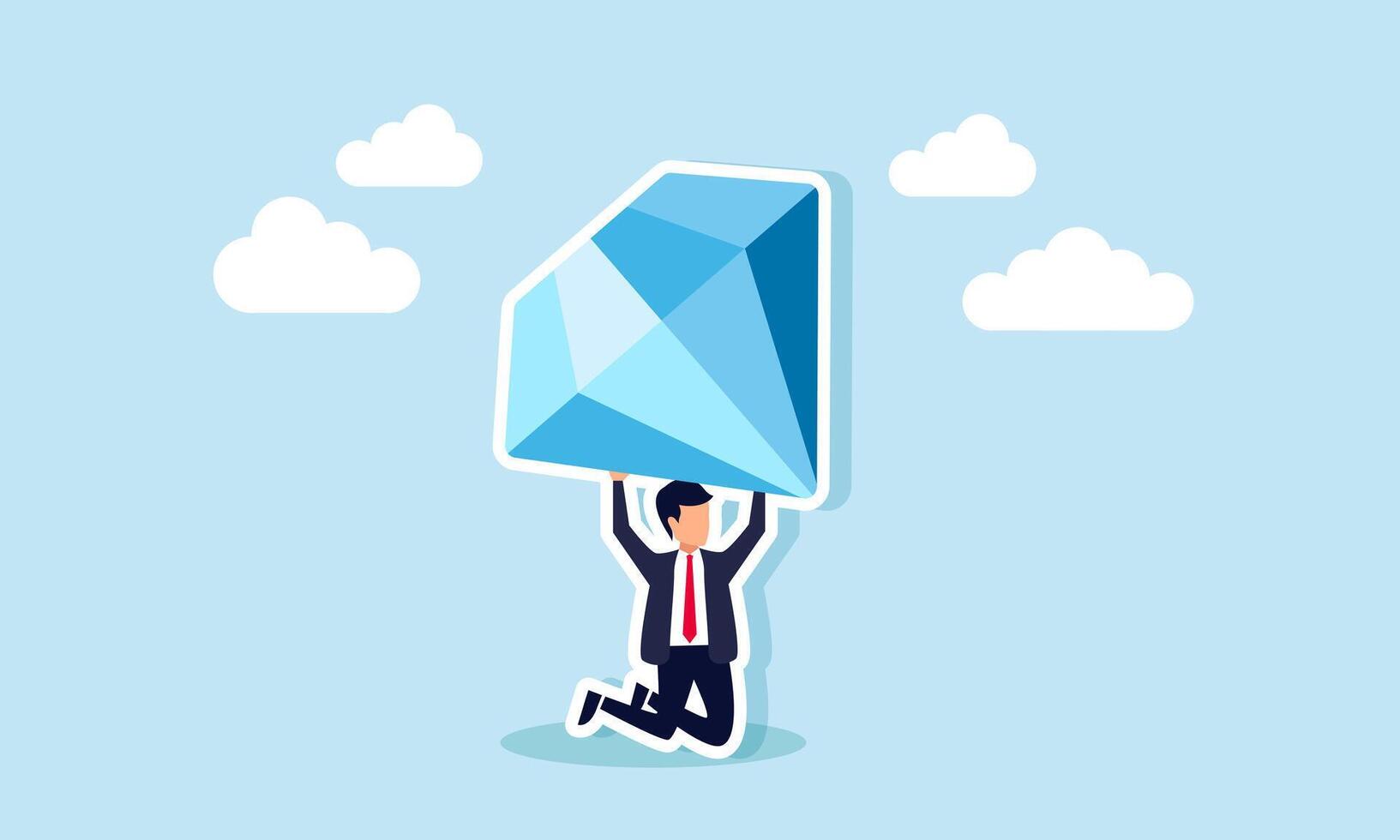 A businessman kneeling while lifting a diamond, illustration of the burden carried from owning valuable investment assets vector
