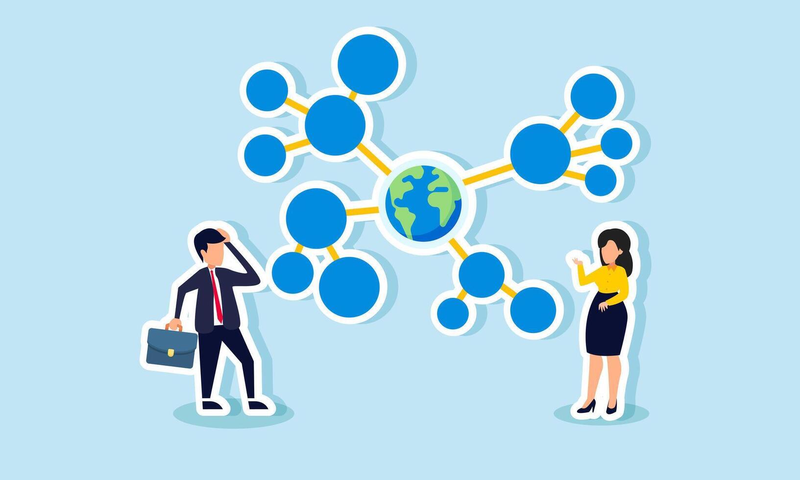 A businessman and businesswoman feel confused by a network centered around a globe, illustration of the complexity of implementing emerging business trends in the target market vector
