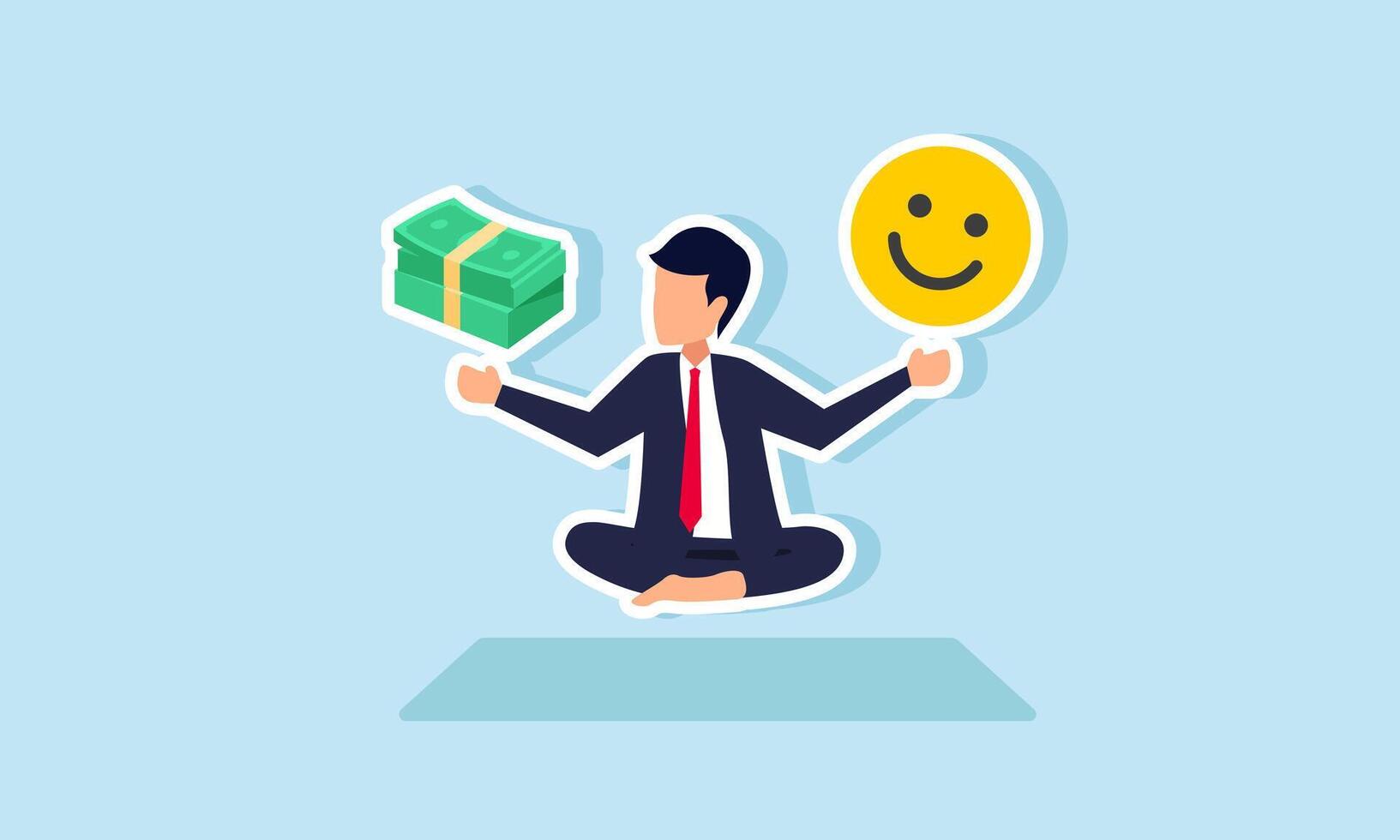 A businessman meditating with hands holding stacks of money and smiling emojis, illustration of clear thinking to balance decisions between profit and engagement vector