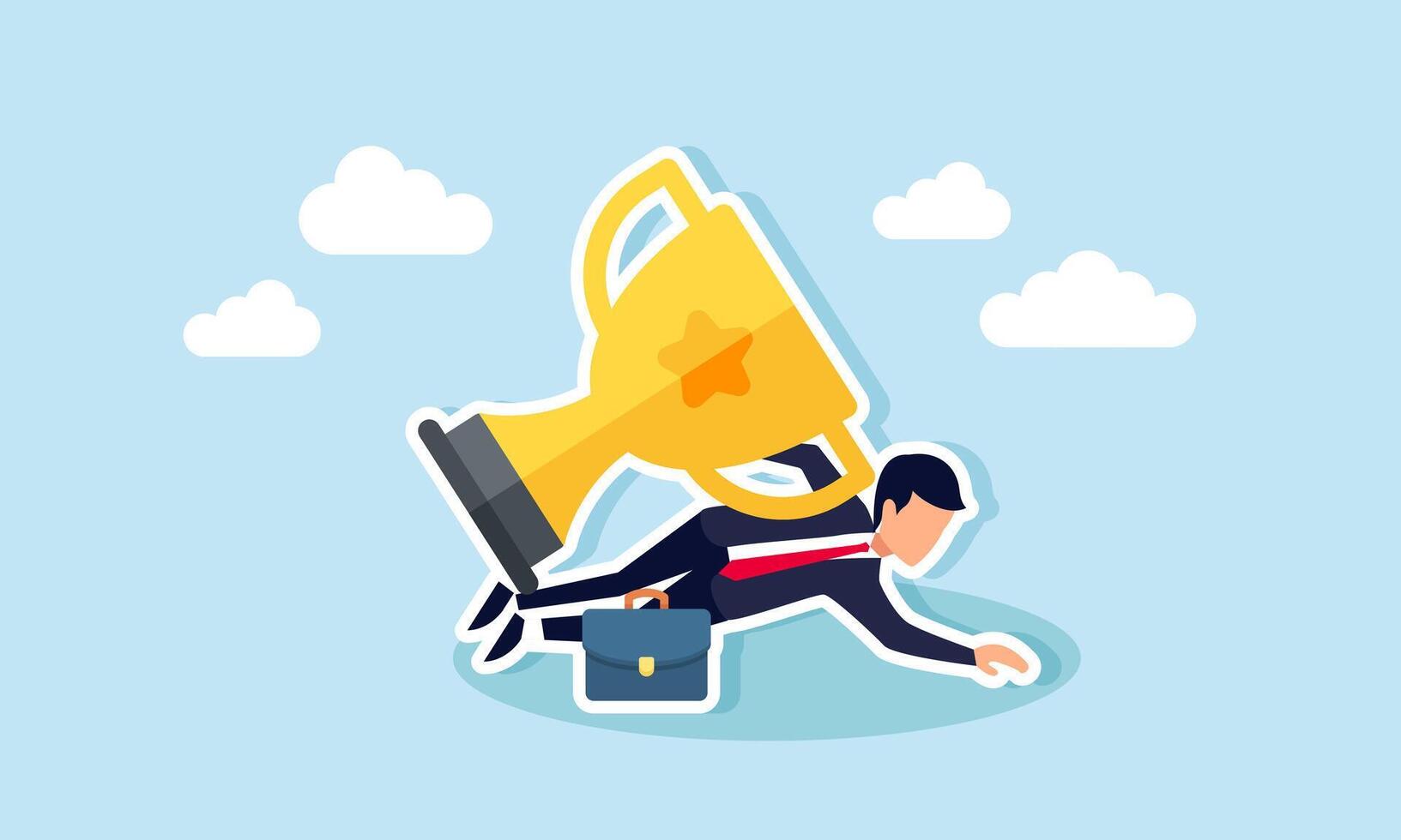 A businessman trapped under a trophy, unable to break free, illustration of increasing responsibility and workload from achieving top employee or business accolades vector