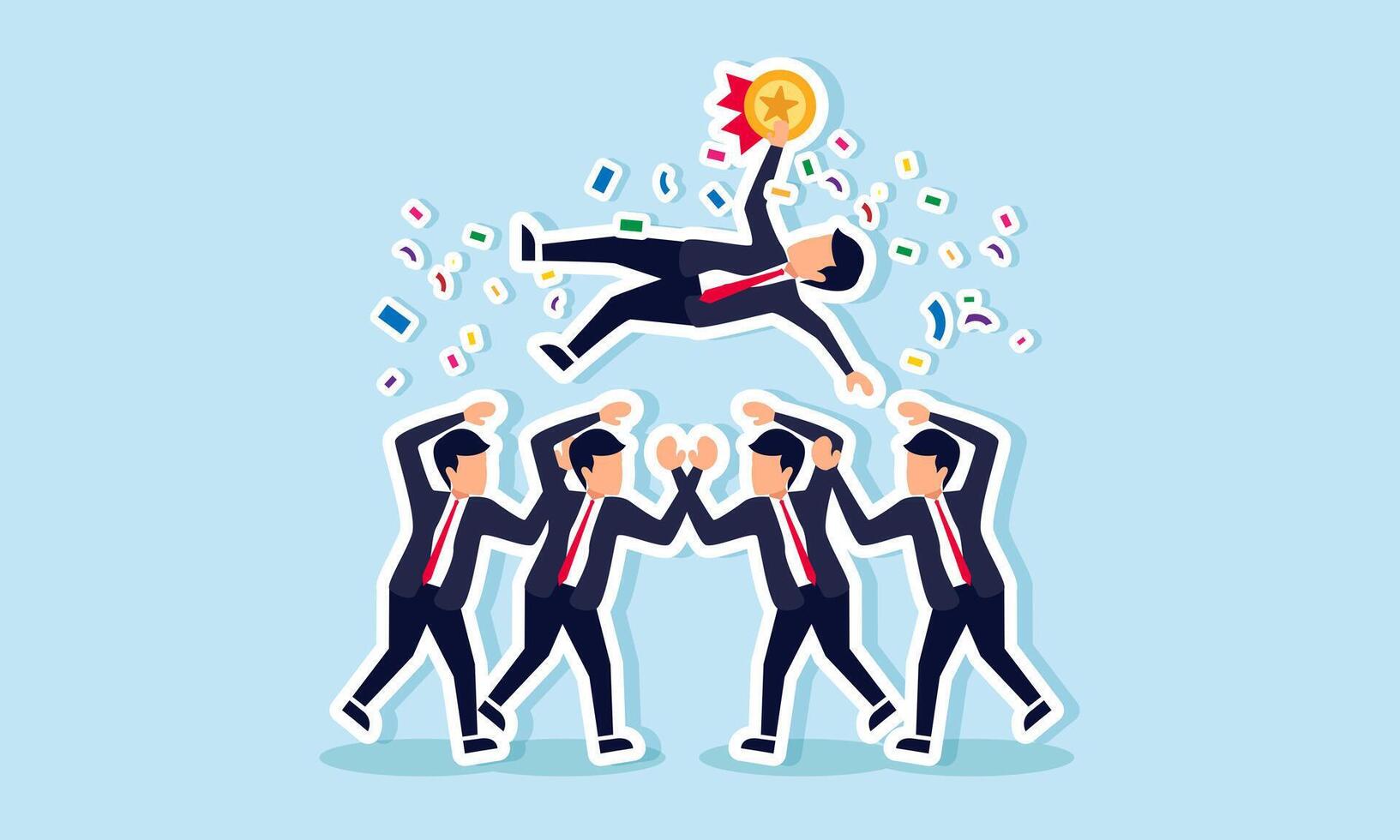 Several businesspeople celebrate a businessman holding an award medal, illustrating the celebration of achievement and success in gaining top business recognition vector