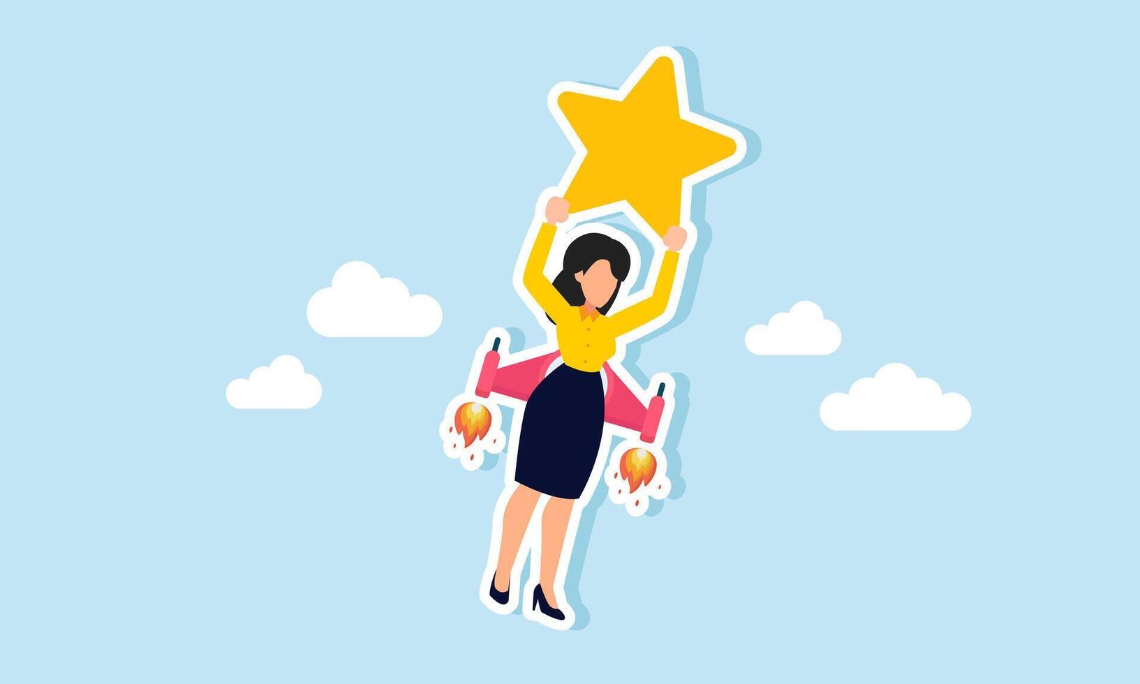 A businesswoman carrying a star using a rocket to fly into the sky, illustrating the boost in ratings to maintain and improve quality vector