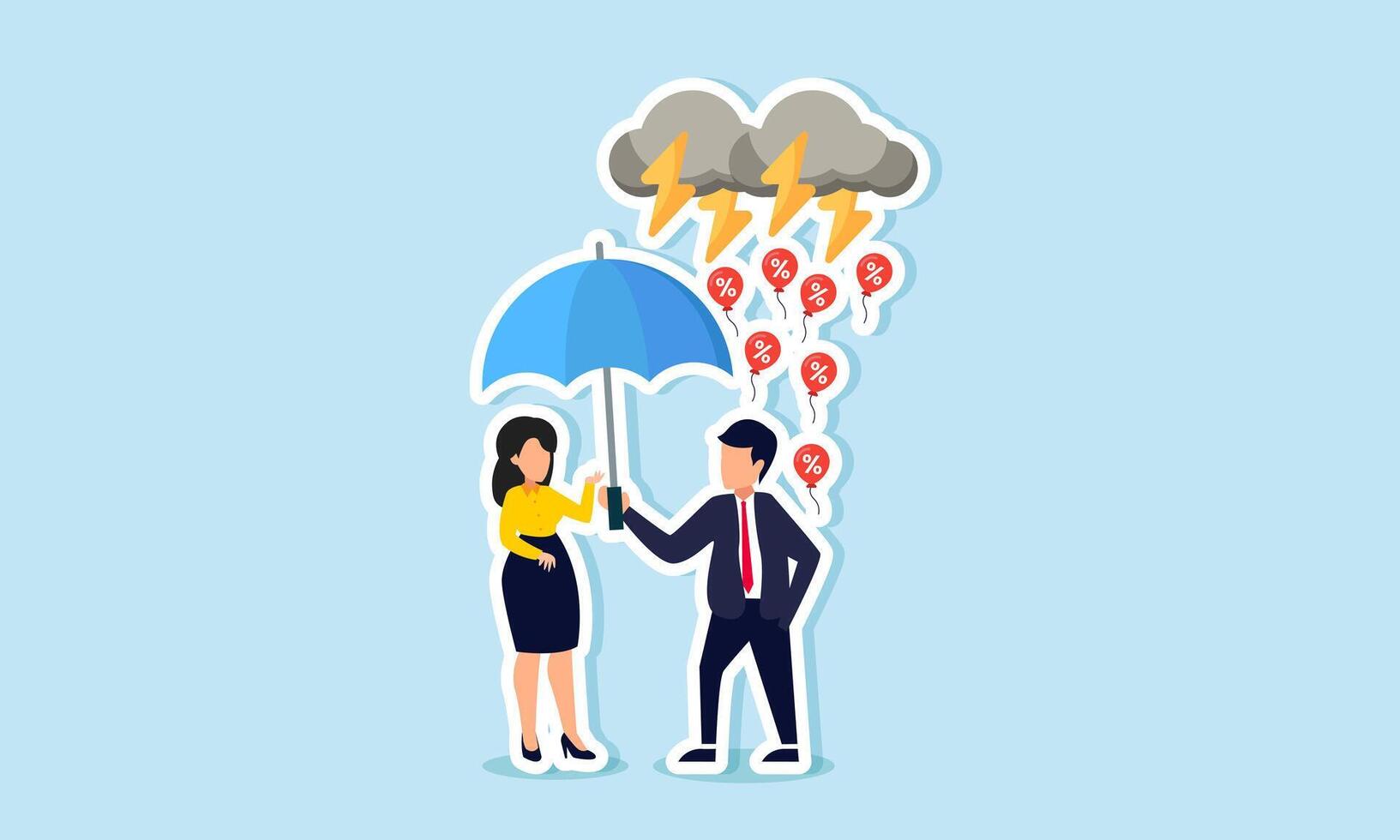 A businessman offers an umbrella to a businesswoman, shielding her from a storm of discount balloons, illustrating protecting a business partner from competitors' discount wars vector