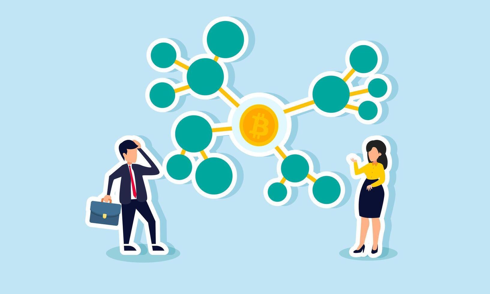 A businessman and businesswoman feel confused by a network centered around bitcoin, illustration of the complexity of making bitcoin investments vector