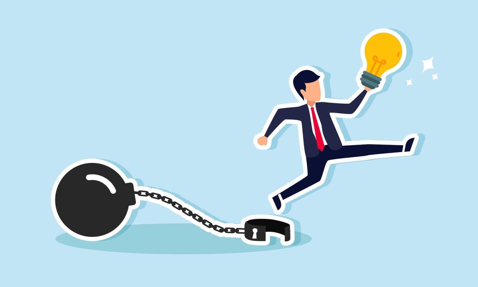 A businessman jumping with a lamp, escaping from the chains of debt, illustration of securing ideas and innovations after overcoming business challenges vector