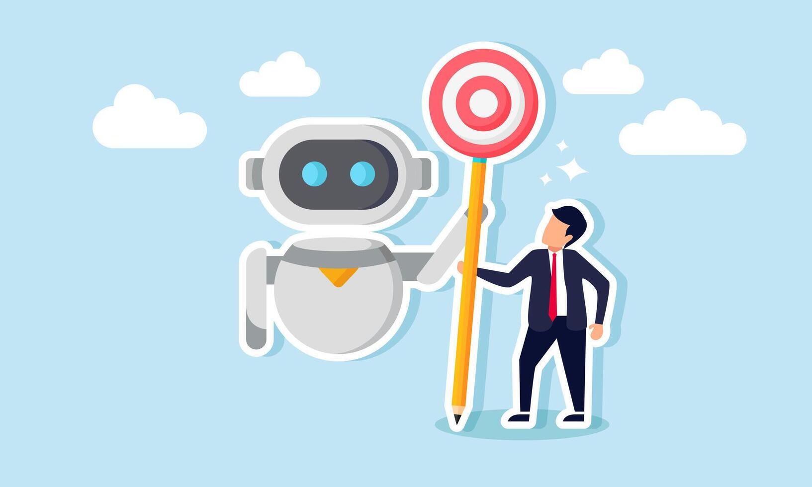 A businessman and an AI robot holding a pencil with a target tip, illustrating the use of AI in assisting with project business target completion vector