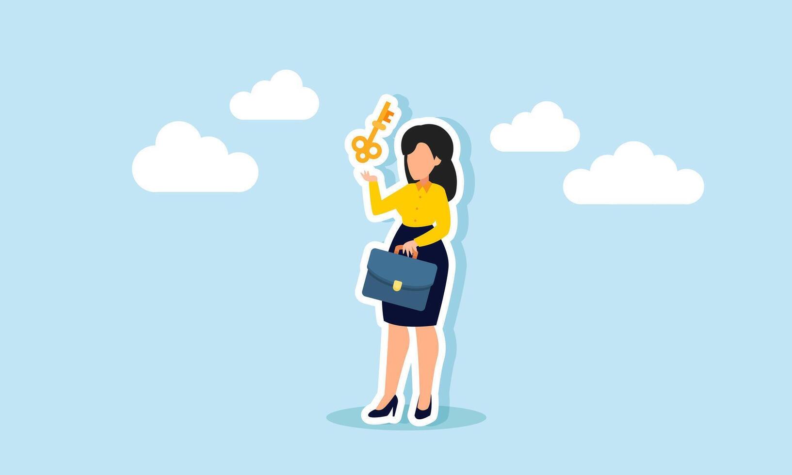 A businesswoman standing and presenting a key, illustration of providing solutions to business problems faced by companies vector