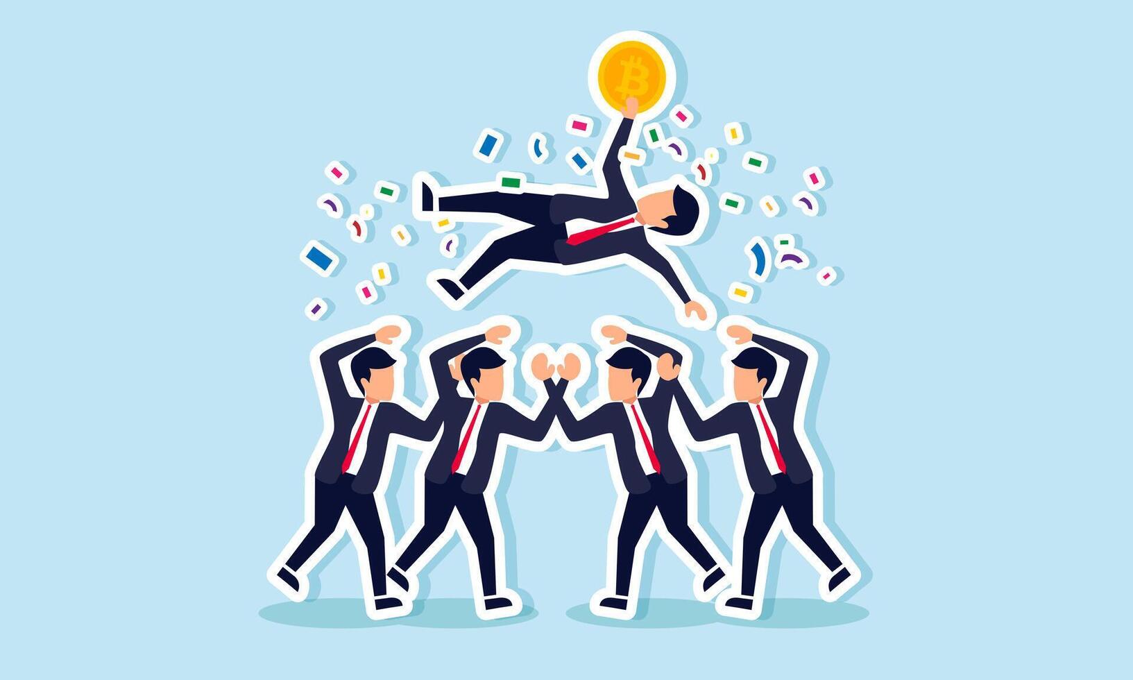Several businesspeople celebrate a businessman holding bitcoin, illustrating the celebration of achievement and success in bitcoin investment vector