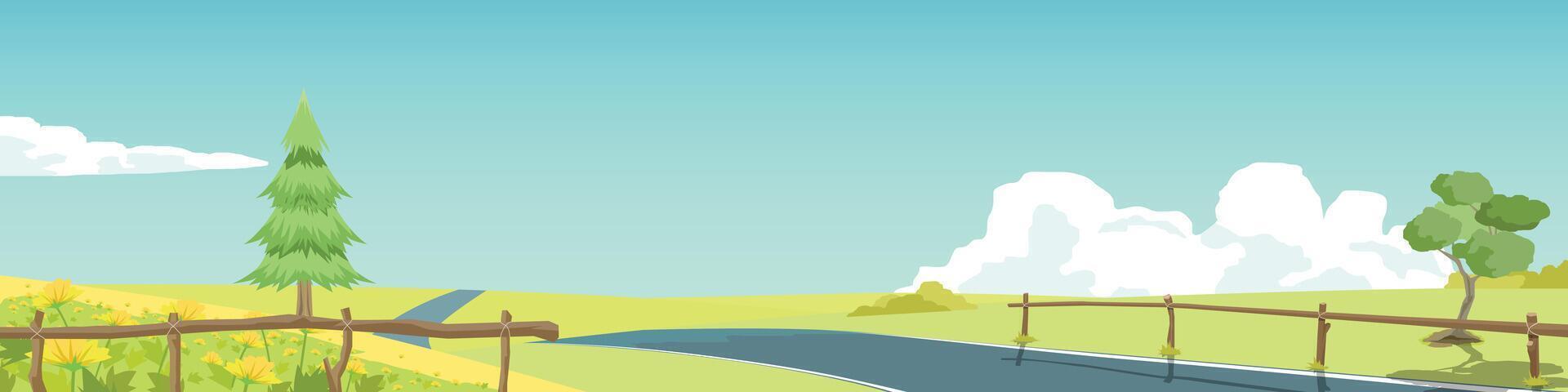 Curvy asphalt road on the meadow. Asphalt road leading to the destination ahead. Green fields and flower surrounded by hills. or Illustration transport and nature background for banner. vector