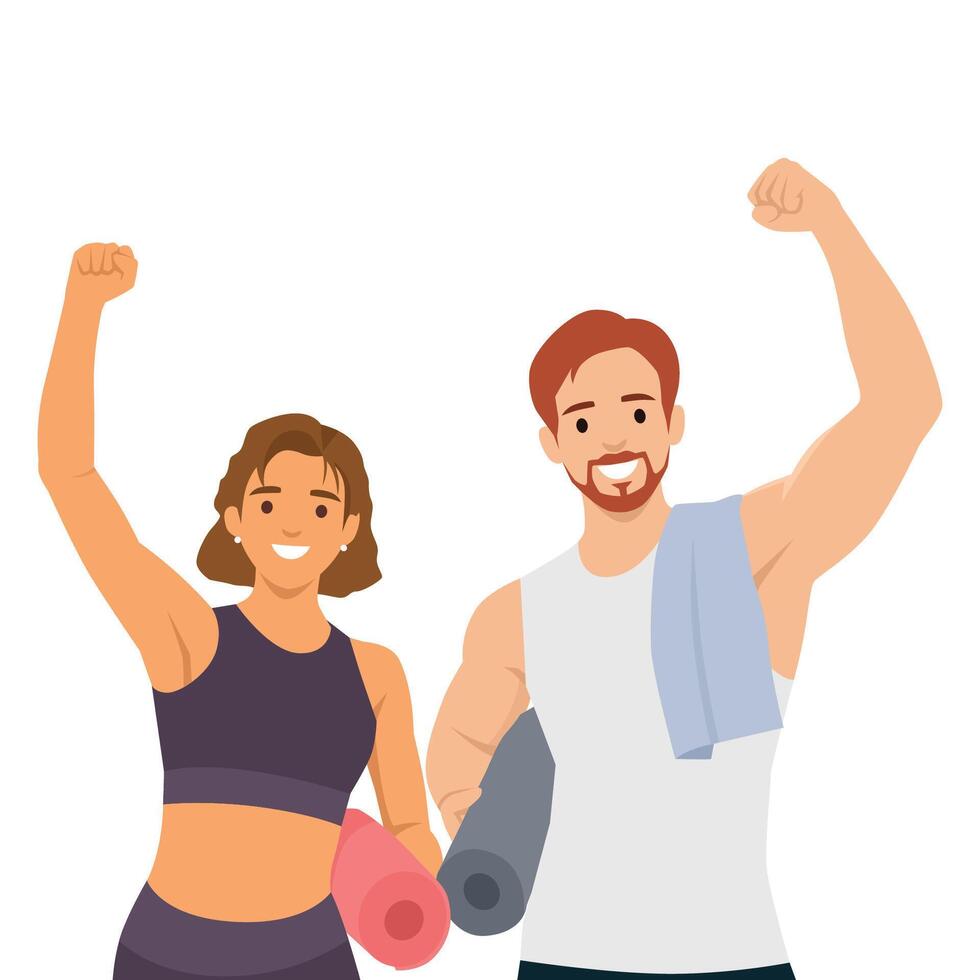 Strong couple shows biceps and hugs, saying together we are strong. vector