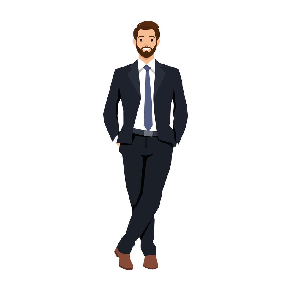 Businessman in dark suit standing with hands in pockets. vector