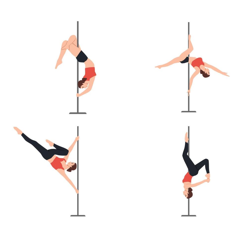 Woman pole dancer dancing poses on pole. vector