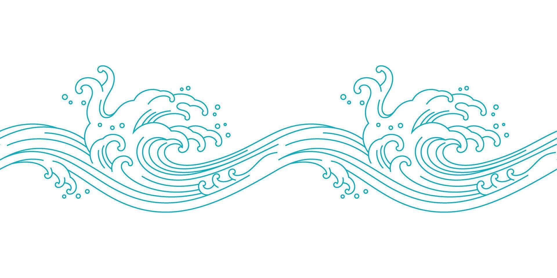 oriental ocean sea waves line art seamless pattern vector