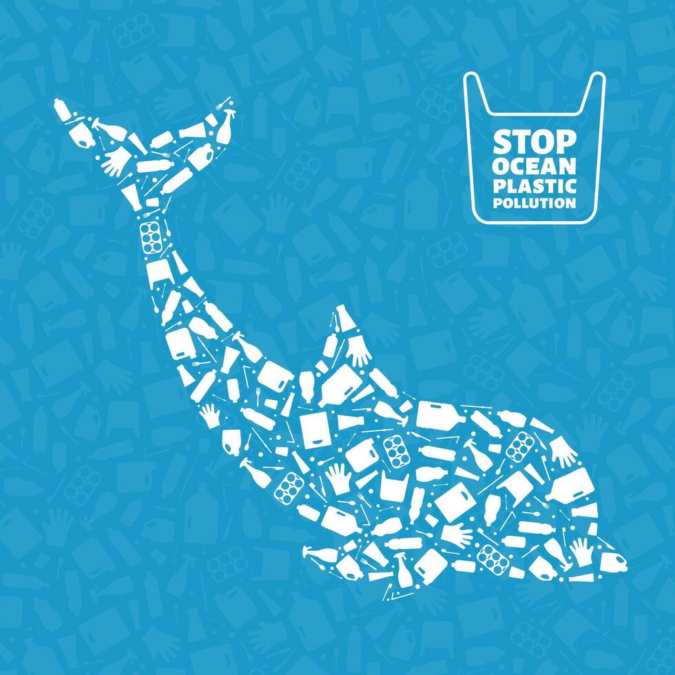 Plastic trash planet pollution concept illustration. Dolphin marine mammal outline filled with plastic trash flat icons. Single use plastic ecology crisis, marine animal life damage banner. vector