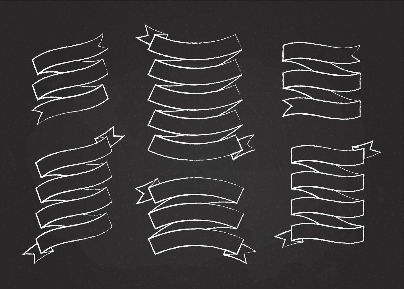 Chalk stroke ribbon banner set illustration. White chalk style curved shape ribbons, scroll flags or curled labels with blank space for message, isolated on blackboard for offer advertising vector