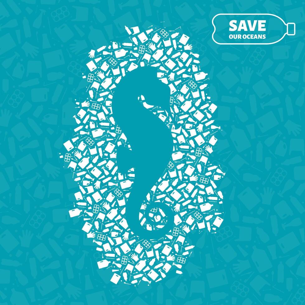 Plastic trash planet pollution concept illustration. Seahorse marine fish silhouette cut in plastic garbage flat icon patch. Prevent ocean pollution ecology concept, marine animal life damage vector