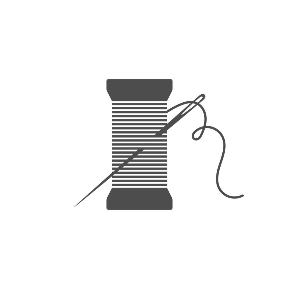Needle and spool silhouette icon illustration. Black bobbin silhouette with outline needle and thread isolated on white background. Machinery spool instrument, fashion tailor logo graphic vector