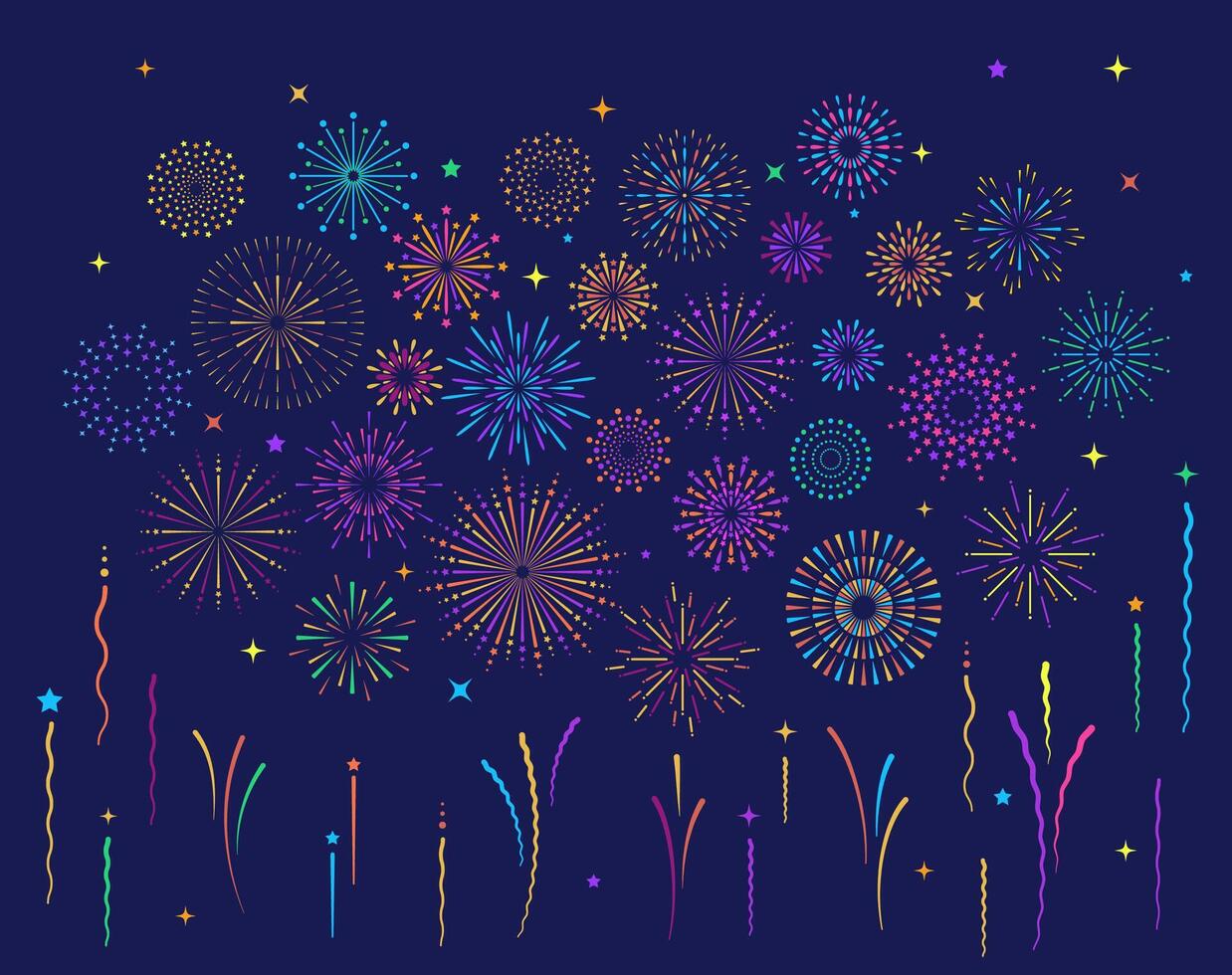 Star shape colorful fireworks explosion pattern set. Flat composition of firework pattern collection isolated on blue background with rays and trails. Celebrate carnival shine decoration vector