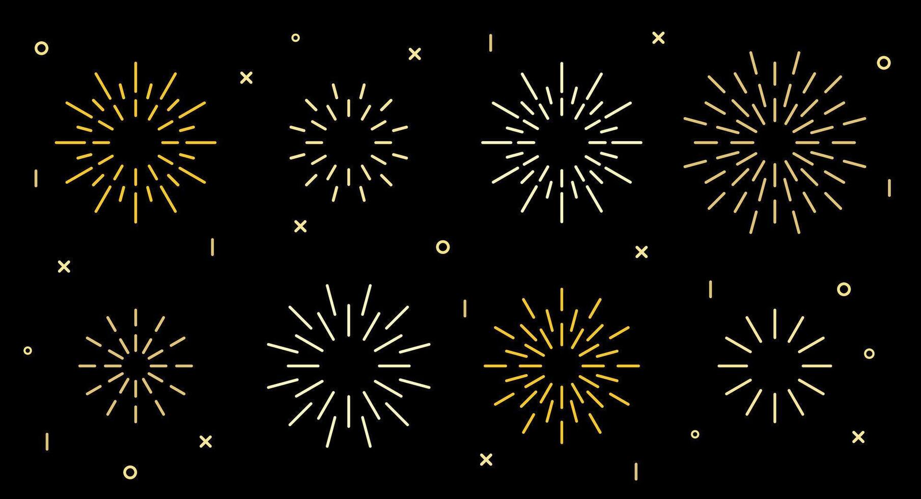 Sparkle star shape art deco fireworks burst pattern collection. Gold star shaped firecracker pattern collection isolated on black background with rays and trails. Carnival celebration fireworks burst vector