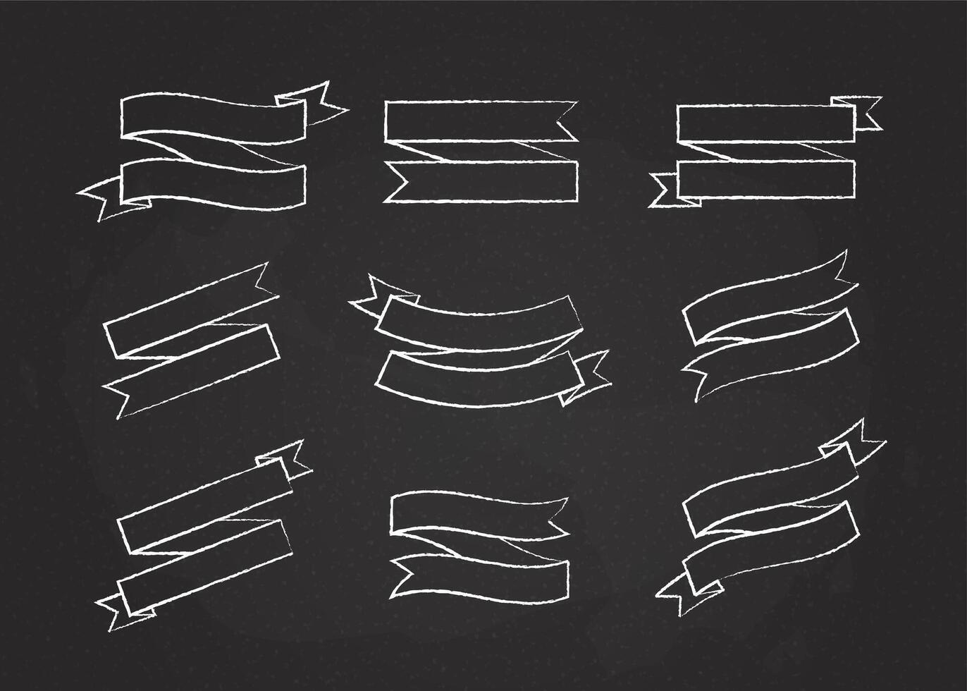 Chalk outline ribbon template banner collection illustration. Chalk style flat curved shape ribbons, scroll flags or curled labels with blank space for message, isolated on blackboard vector