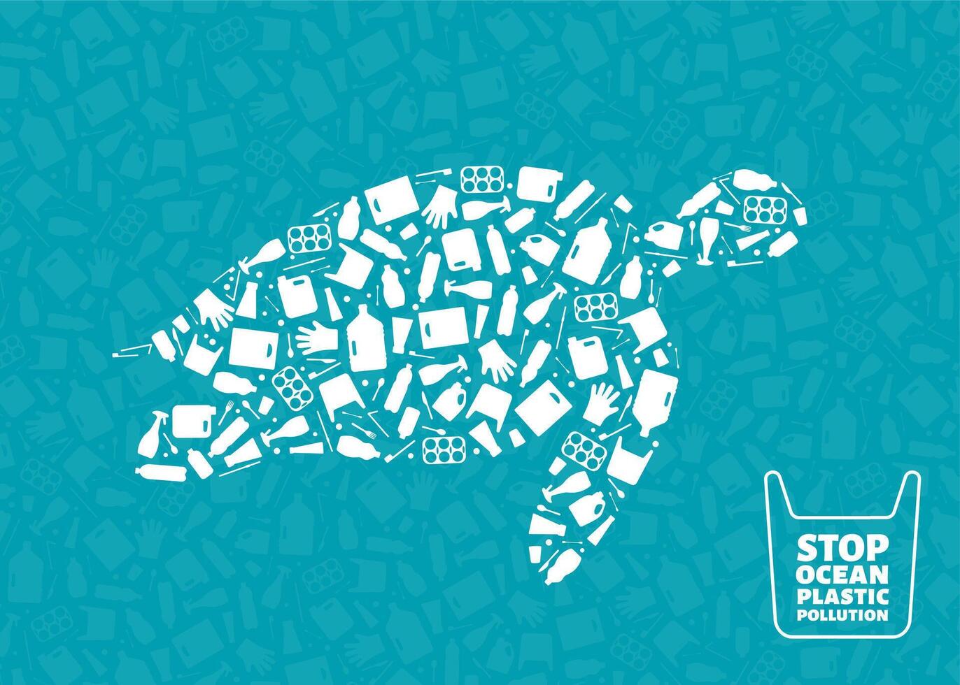 Plastic waste ocean environment problem concept illustration. Turtle marine reptile outline filled with plastic trash flat icons. Sustainable lifestyle graphic, environmental protection concept vector