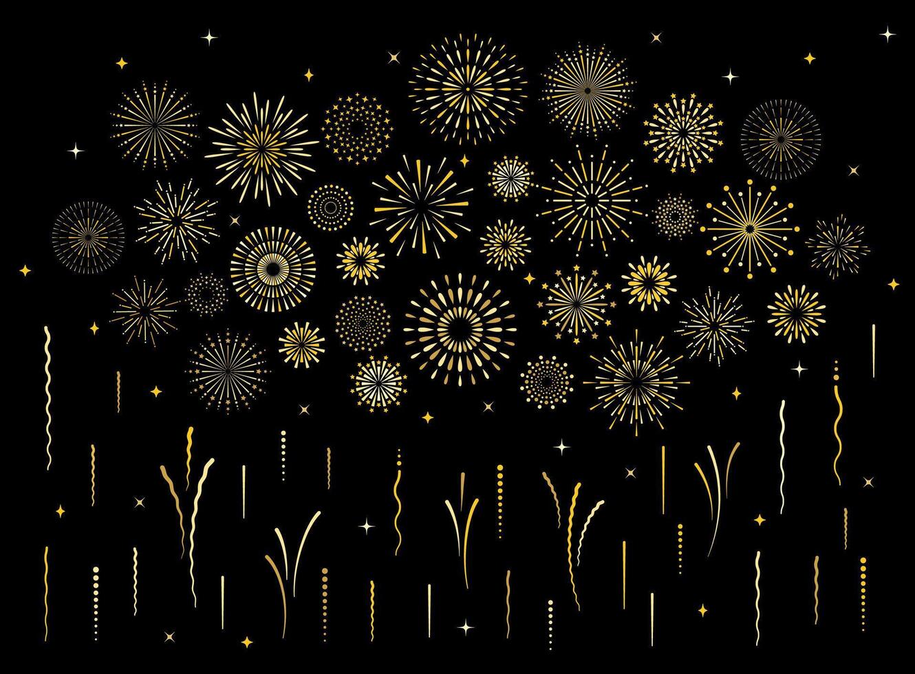 Abstract burst gold pattern fireworks set. Art deco star shaped firework pattern collection isolated on black background with rays and trails. Birthday party or carnival festive decoration, vector