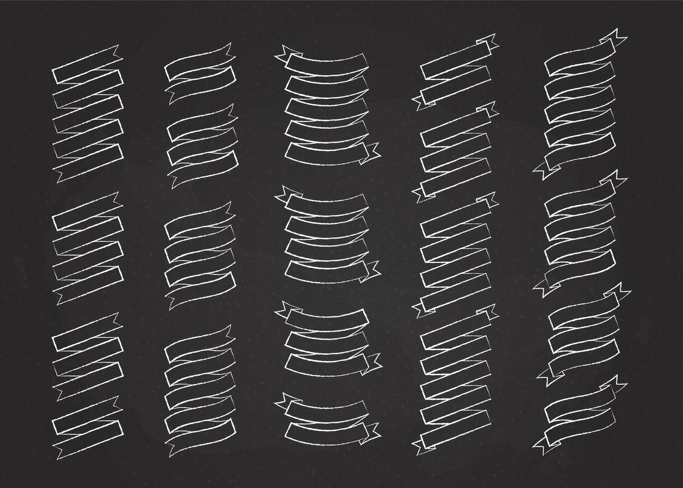 Chalk contour blank label ribbon set illustration. Vintage design white chalk style curly ribbon labels and curved scroll flags or sticker banners with blank space for holiday promo marketing vector