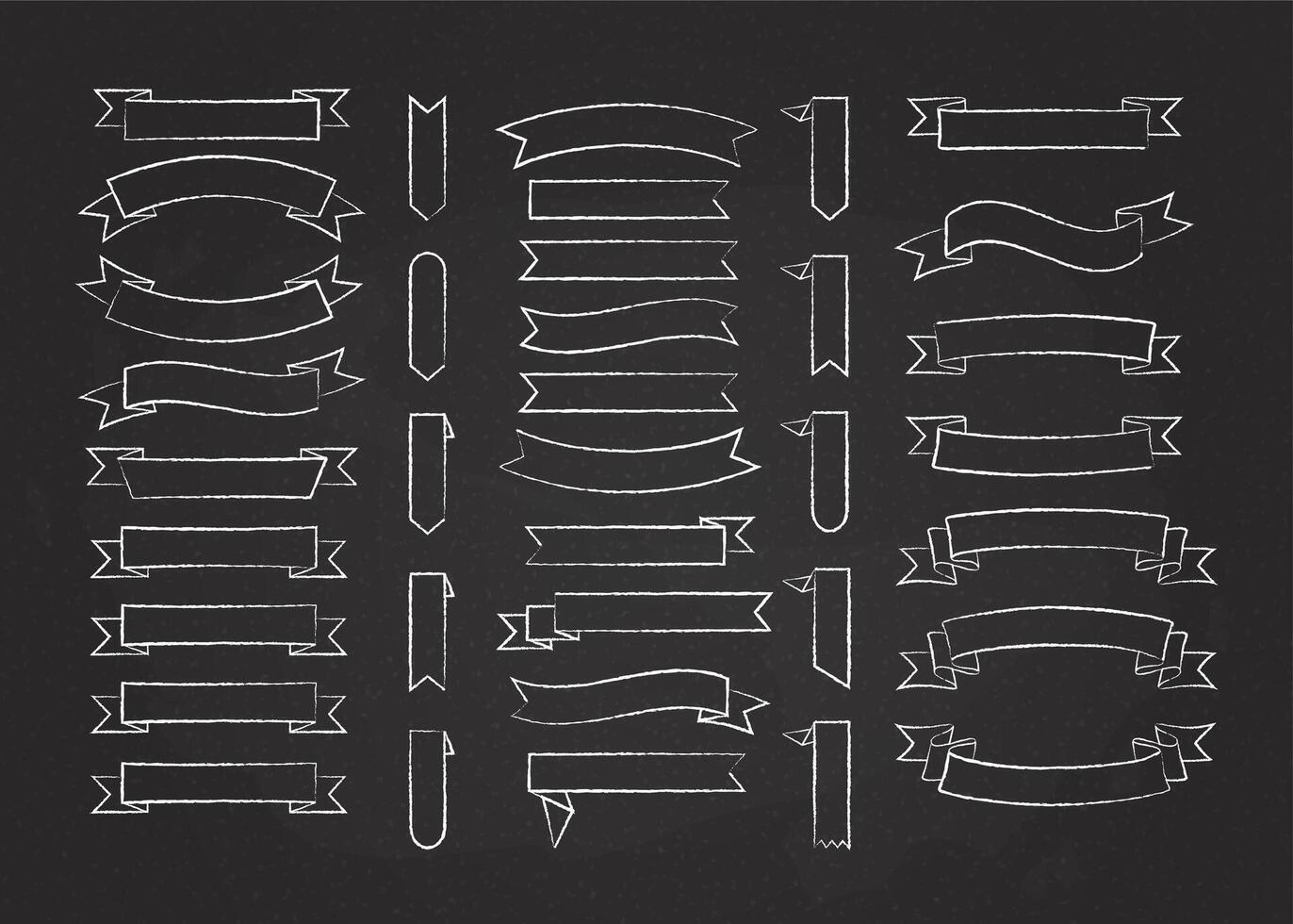Chalk stroke blank label ribbon set illustration. White chalk style curved ribbons, scroll flags or curled labels with blank space for message, isolated on blackboard for special price promo vector