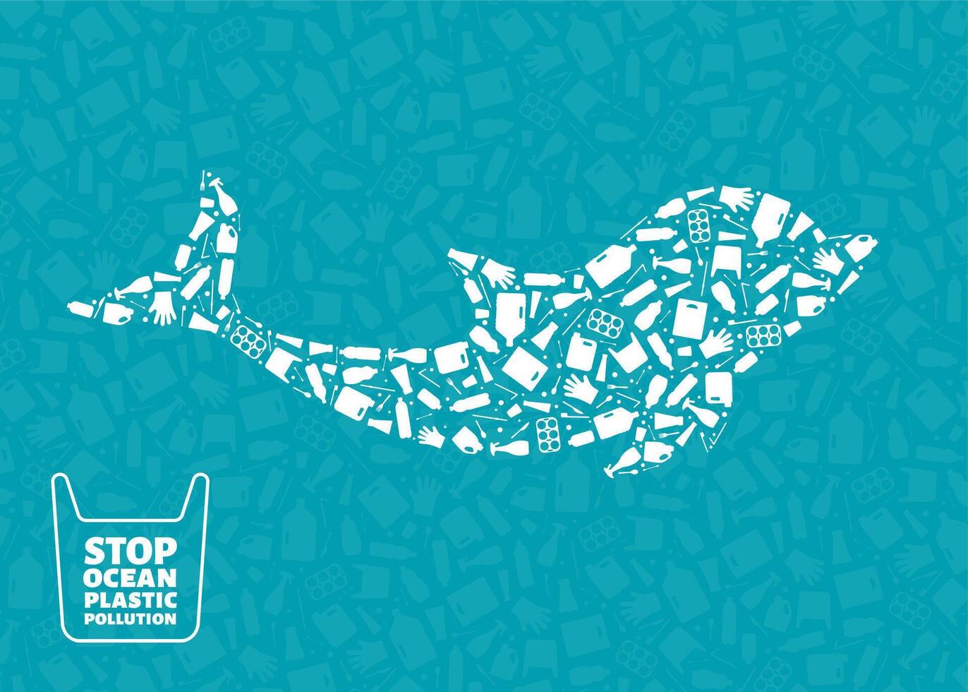 Stop ocean plastic pollution concept illustration. Dolphin marine mammal outline filled with plastic trash flat icons. Prevent ocean pollution ecology concept, sustainable lifestyle graphic. vector