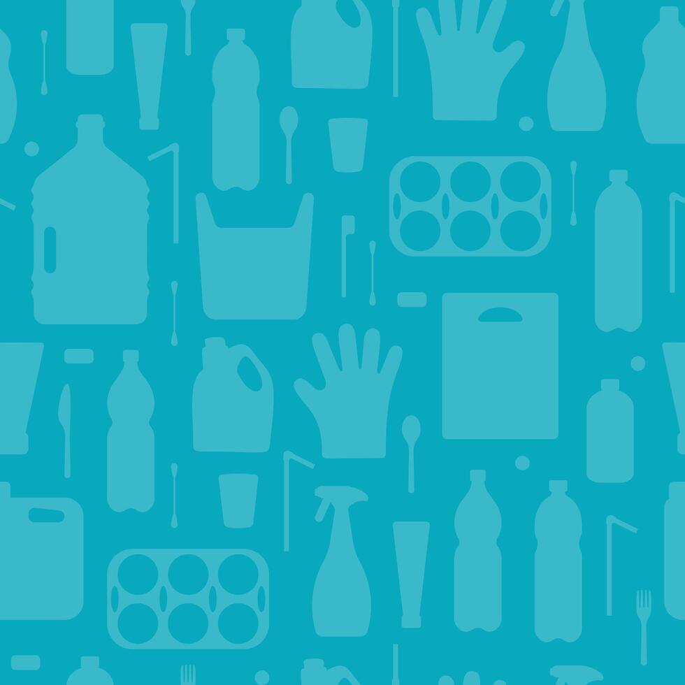 Plastic waste, ocean pollution seamless pattern illustration. Eco problem water pollution trash silhouette symbol seamless background. Earth day wallpaiper with single use plastic garbage icons vector