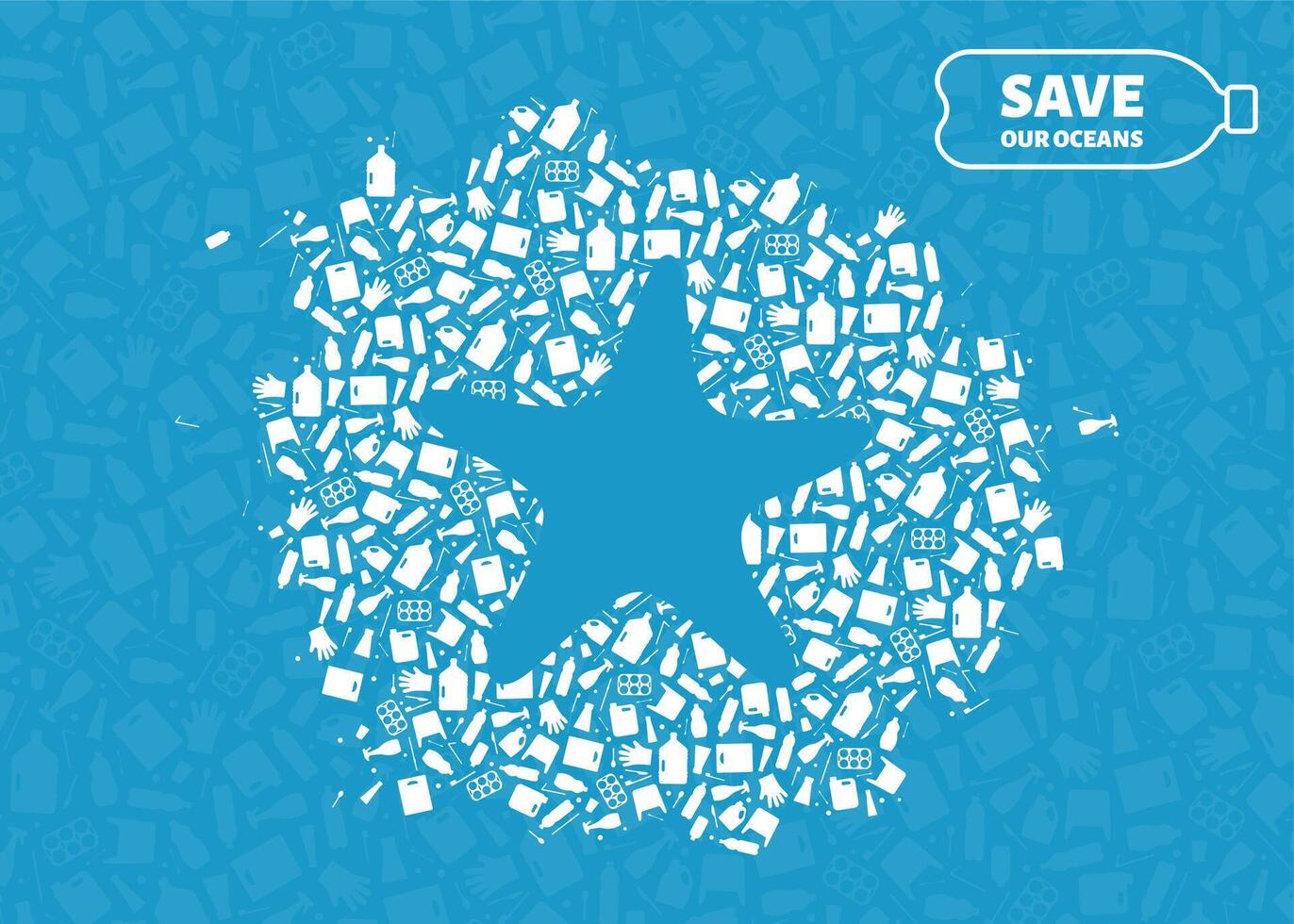 Stop ocean plastic pollution concept illustration. Starfish ocean animal outline cut in plastic waste flat icon patch. Underwater wildlife danger concept, global environmental problem banner. vector