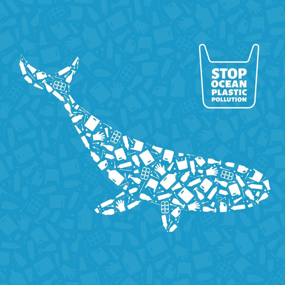 Stop ocean plastic pollution concept illustration. Whale marine mammal outline filled with plastic trash flat icons. Prevent ocean pollution ecology concept, sustainable lifestyle graphic. vector