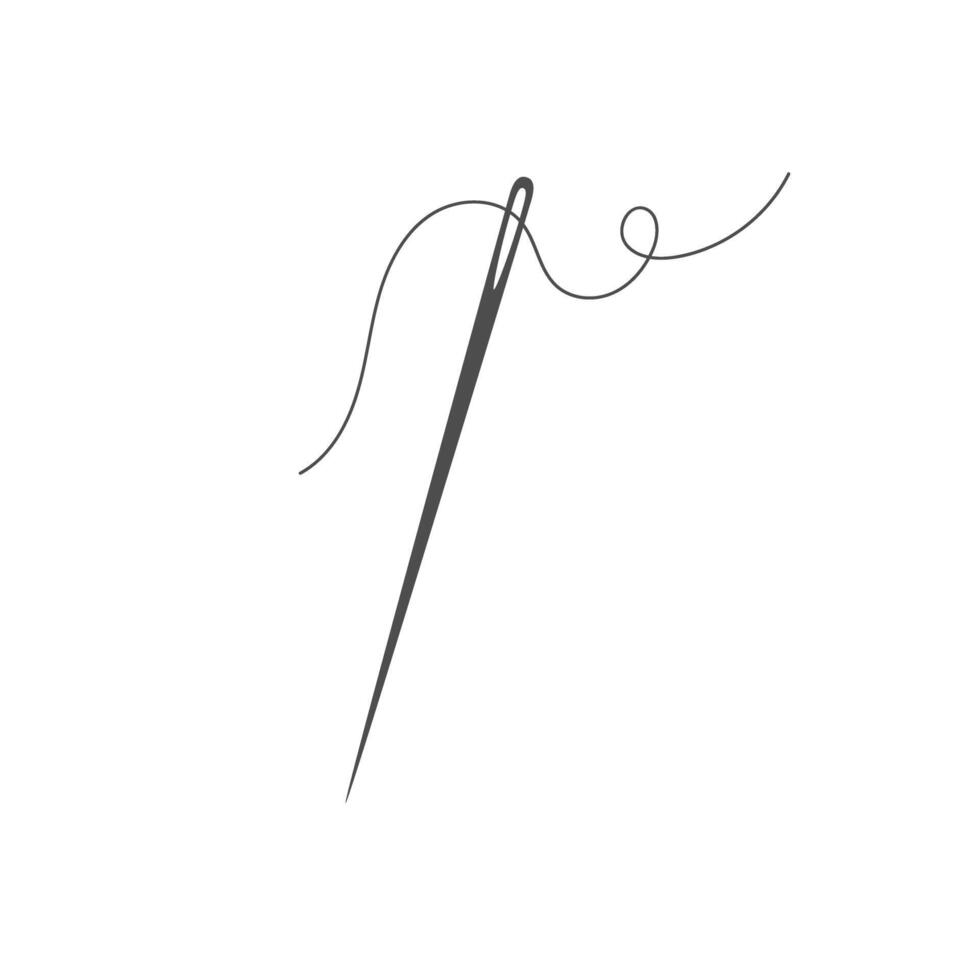 Needle and thread silhouette icon illustration. Tailor logo with needle symbol and curvy thread isolated on white background. Tailor sign template, sewing instrument design, fashion icon vector