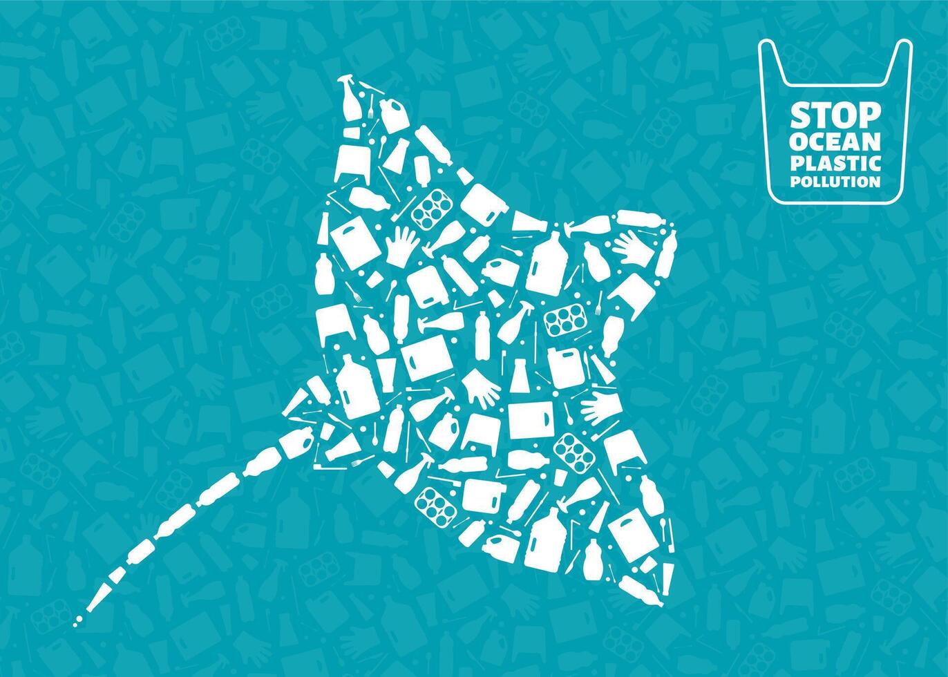 Microplastic trash planet pollution concept illustration. Ray marine fish outline filled with plastic trash flat icons. Single use plastic ecology crisis, marine animal life damage banner. vector