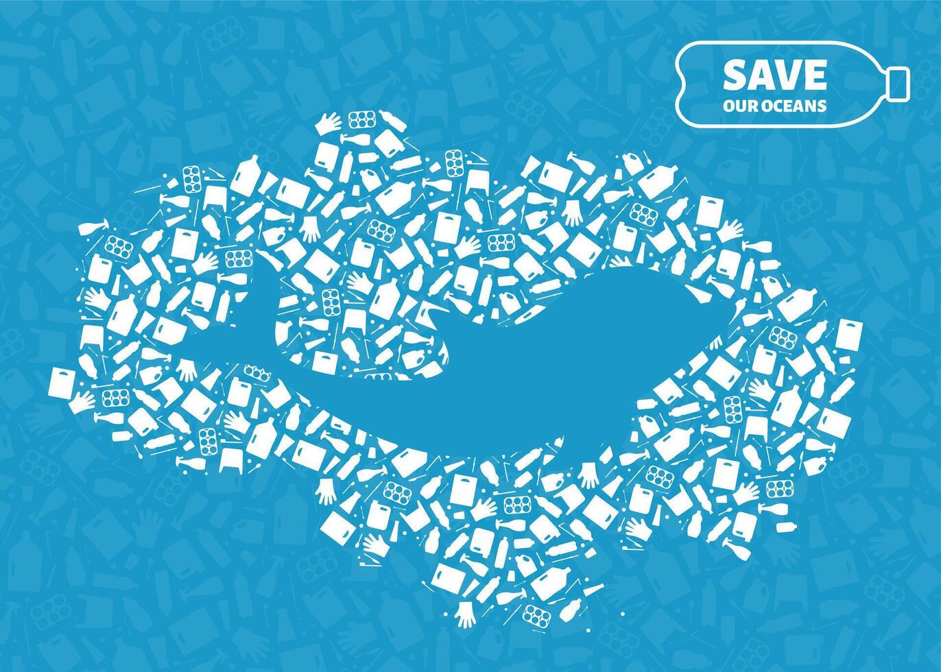 Plastic waste ocean environment problem concept illustration. Dolphin ocean mammal outline cut in plastic waste flat icon patch. Sustainable lifestyle, underwater wildlife danger concept vector