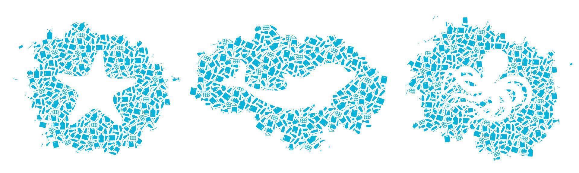 Stop ocean plastic pollution concept illustration. Marine animals silhouette cut in plastic trash flat icon spot, isolated on white background. Prevent ocean pollution ecology concept vector