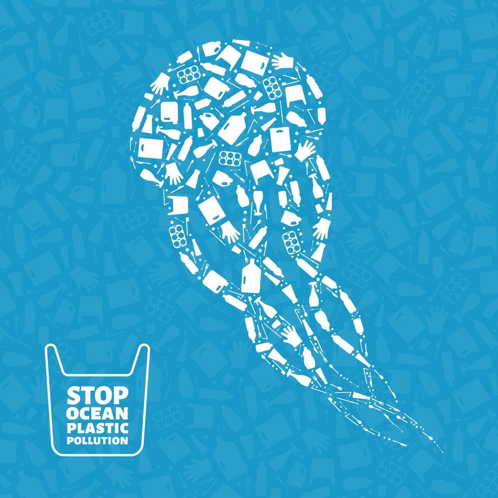 Plastic waste ocean environment problem concept illustration. Jellyfish ocean animal outline filled with plastic waste flat icons. Sustainable lifestyle, underwater wildlife danger concept. vector
